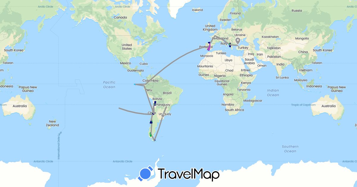 TravelMap itinerary: driving, bus, plane, hiking, boat in Argentina, Bolivia, Brazil, Chile, Ecuador, Uruguay (South America)
